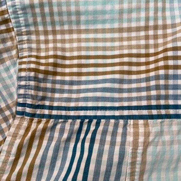 SONOMA 100% Cotton Women Button Up Collared Shirt Gingham Tan Blue White Size L - Picture 6 of 6